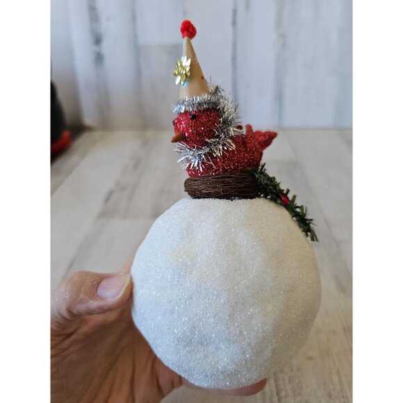 shabby chic Cardinal snowball ornament bird nest Xmas decor - Picture 3 of 10